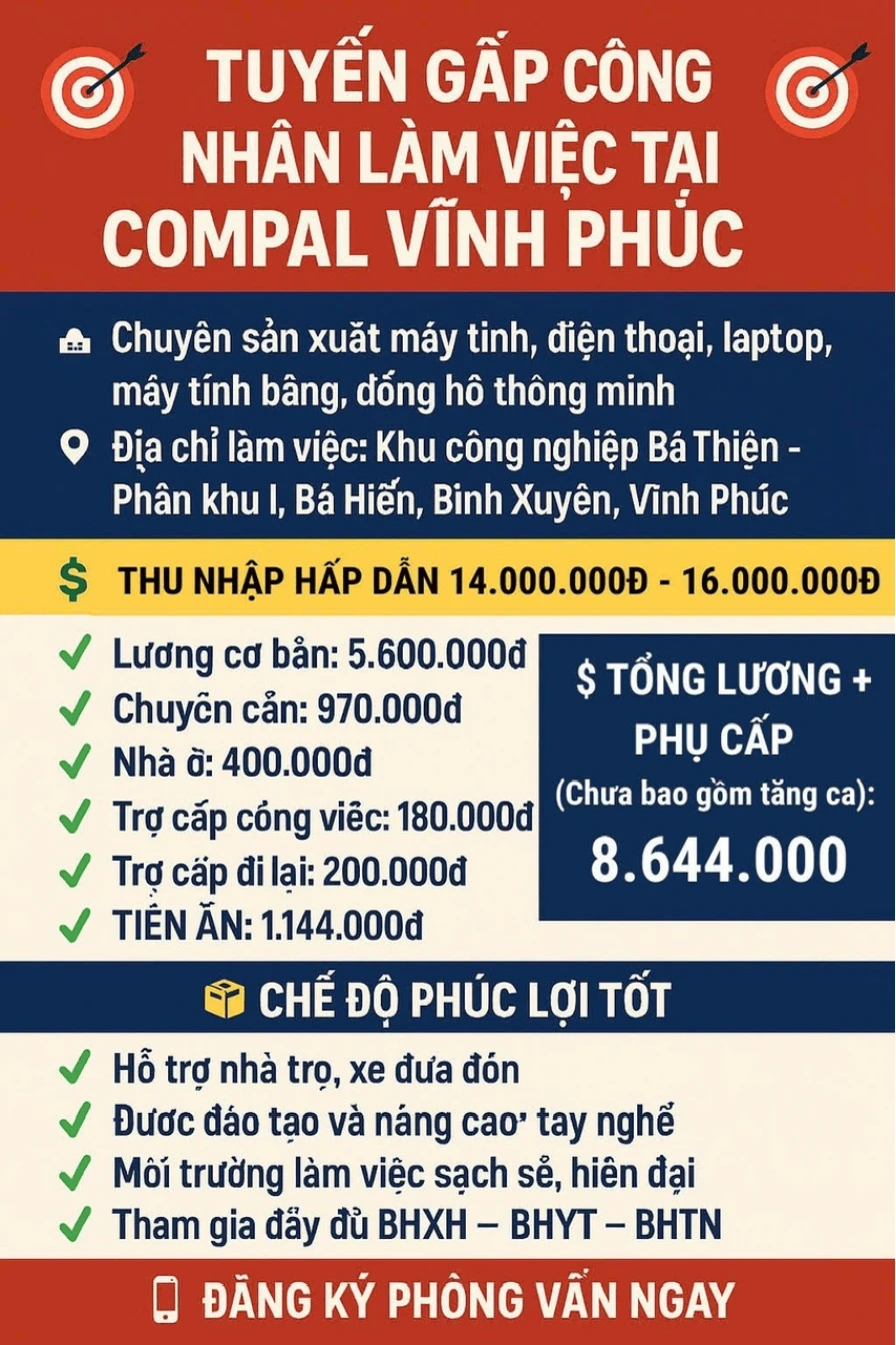 [Compal Vĩnh Phúc] Tuyển dụng nhân viên