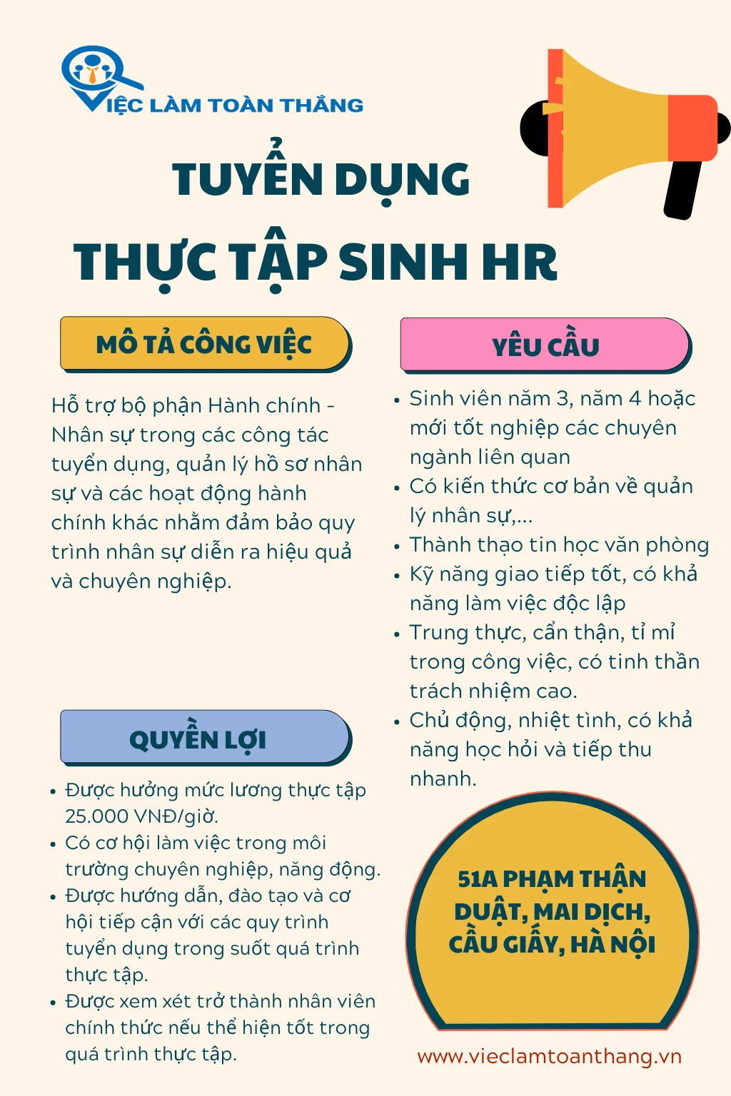 [Việc làm Toàn Thắng] Tuyển dụng thực tập sinh nhân sự