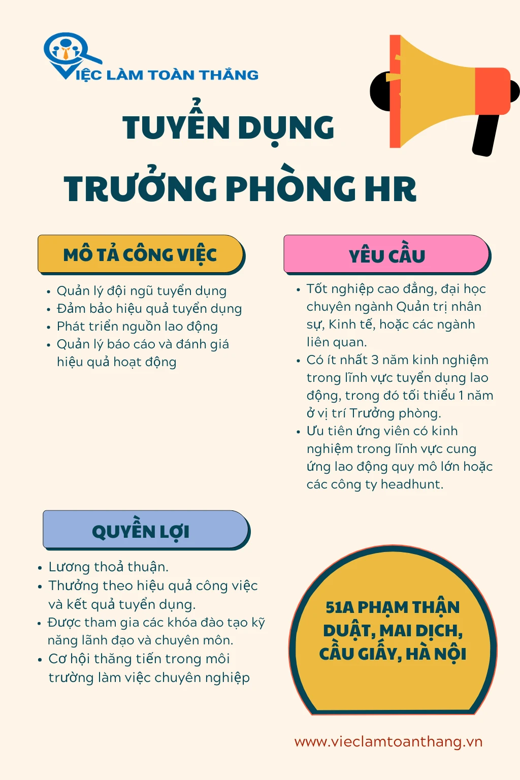 [Việc làm Toàn Thắng] Tuyển dụng Trưởng phòng HR