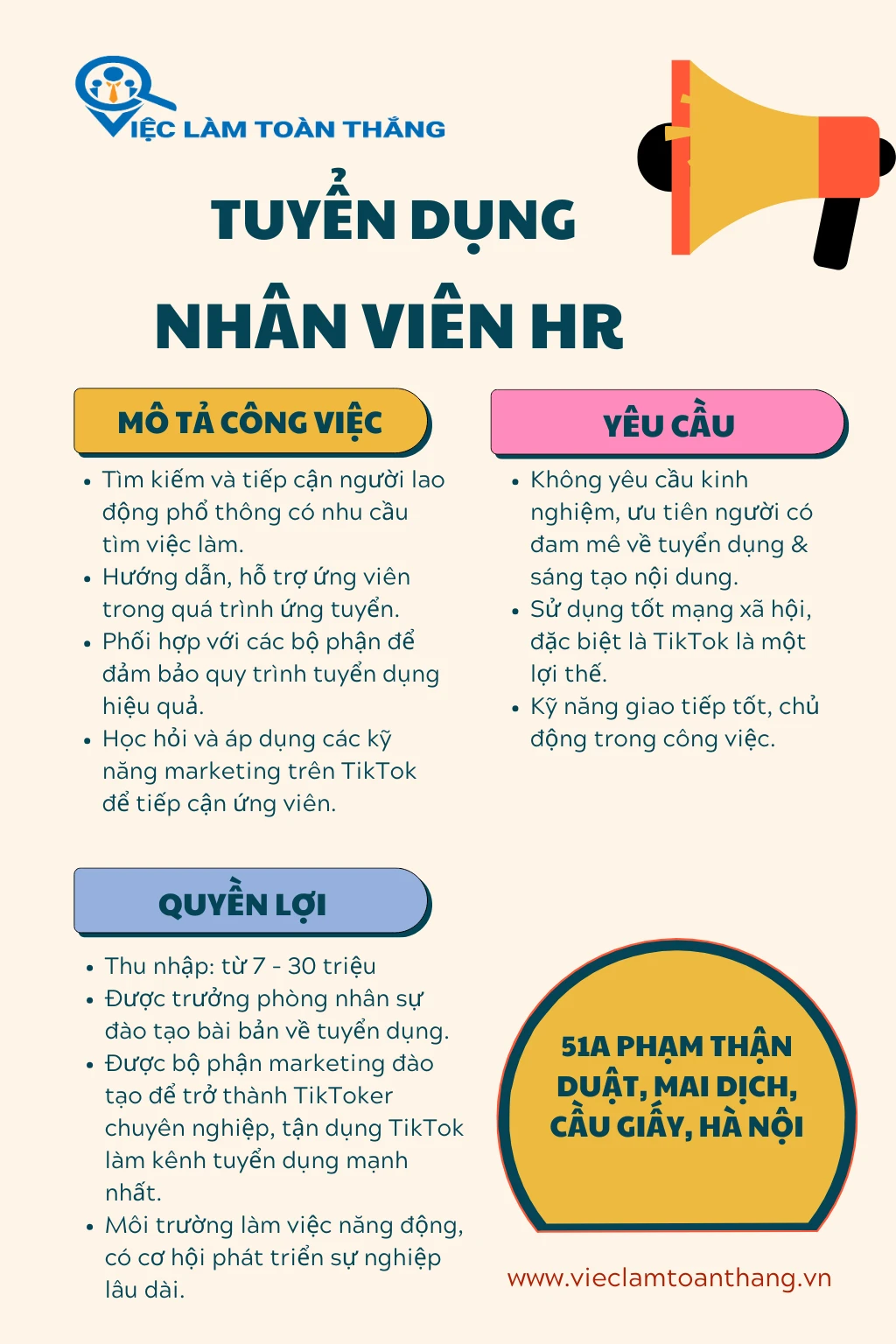 [Việc làm Toàn Thắng] Tuyển dụng nhân viên phòng HR